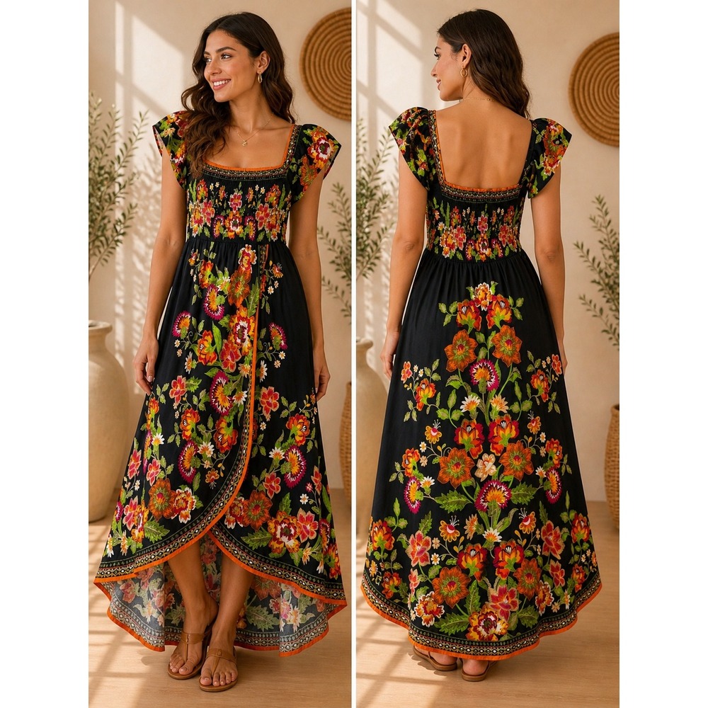 Flying Tomato Black High-Low Floral Maxi Dress with Multicolor Embroidery